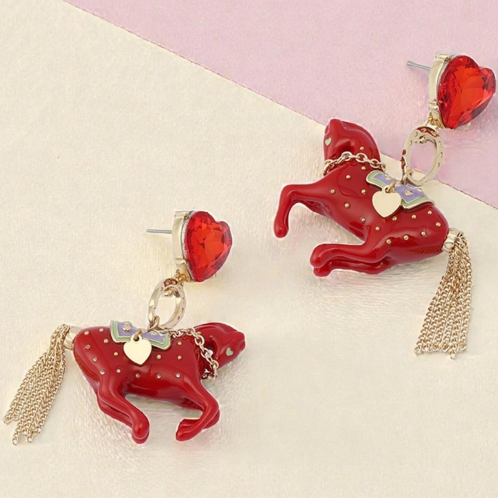 NEW Betsey Johnson Year Of The Horse Drop Earrings Red With Metal/Glass Crystal